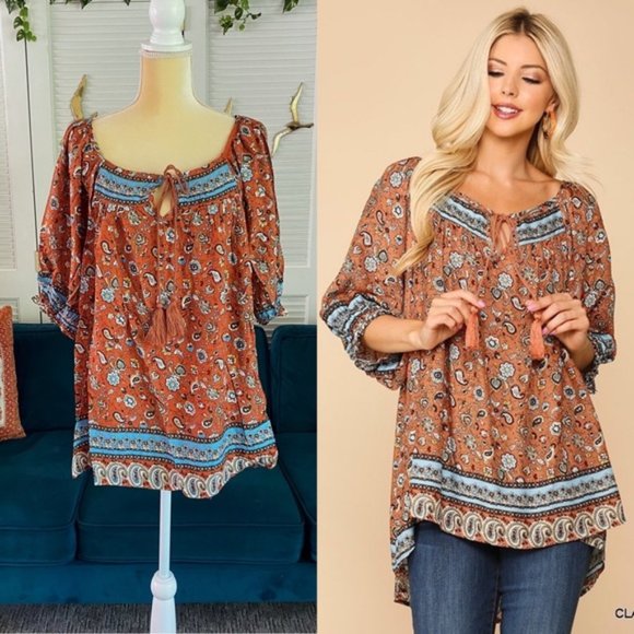 Gigio | Hannah Terracotta Clay Rust Bohemian Peasant Top Tassel Paisley Small - Picture 1 of 14